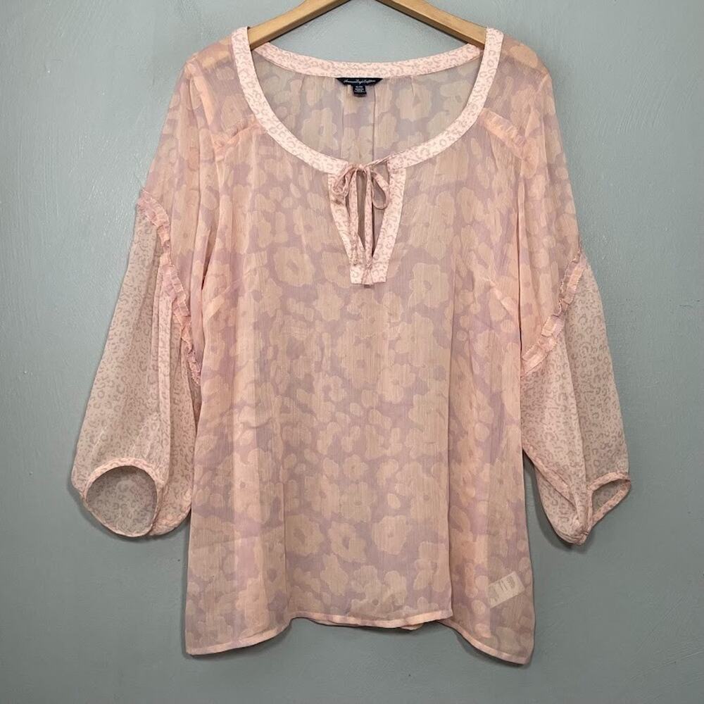American Eagle Top Size XL Sheer Pink Animal Print Ruffled Romantic Fairycore